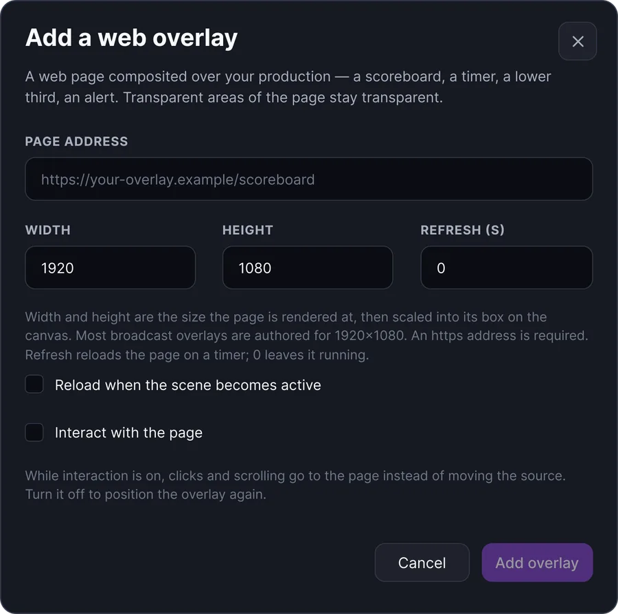 FeelThere Desktop Add a web overlay window with the page address, render size, refresh and interaction options