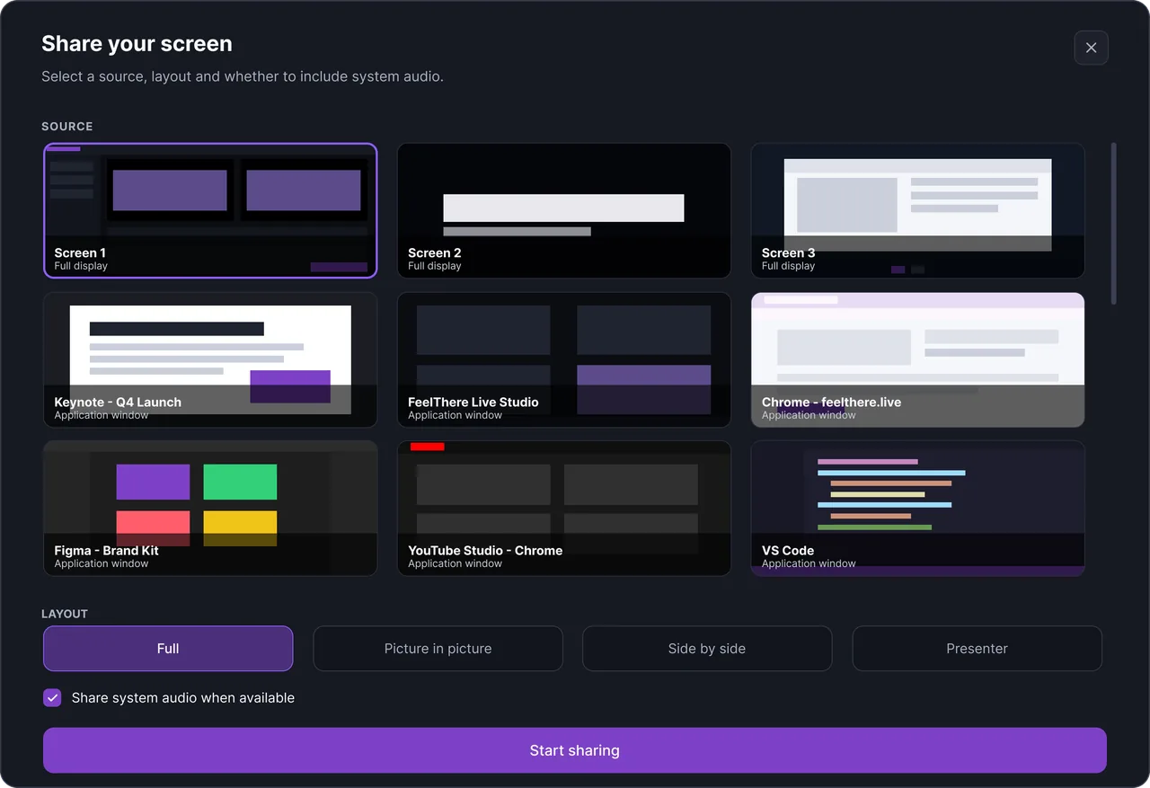The FeelThere screen share picker, with screens and application windows to choose from and Full, Picture in picture, Side by side and Presenter layouts