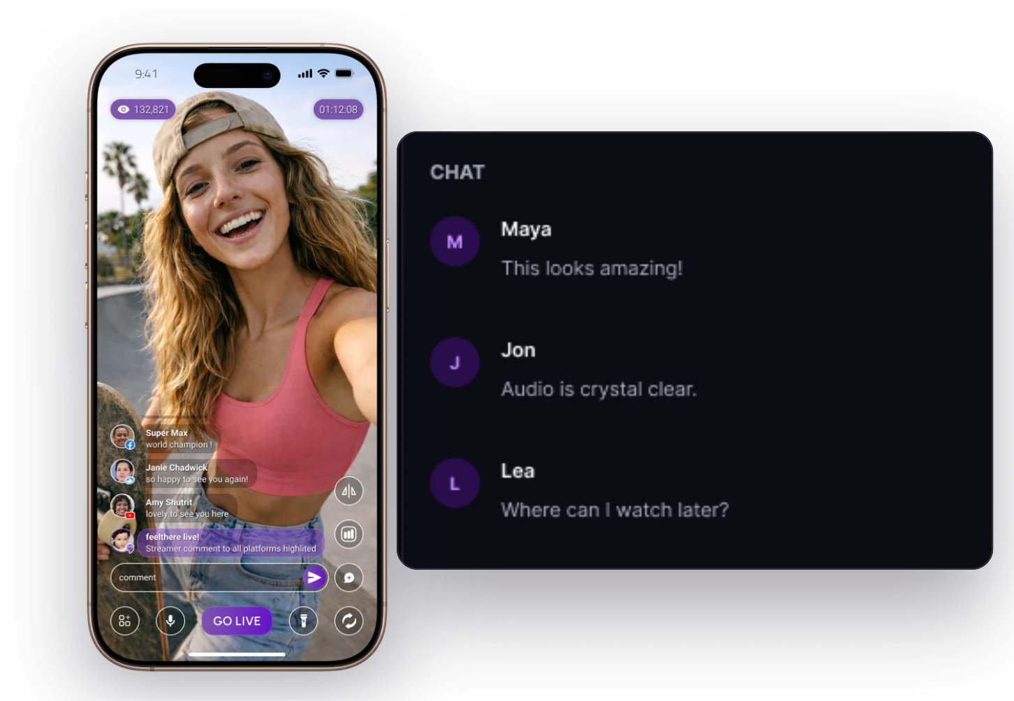 FeelThere Mobile broadcast with the original unified chat panel