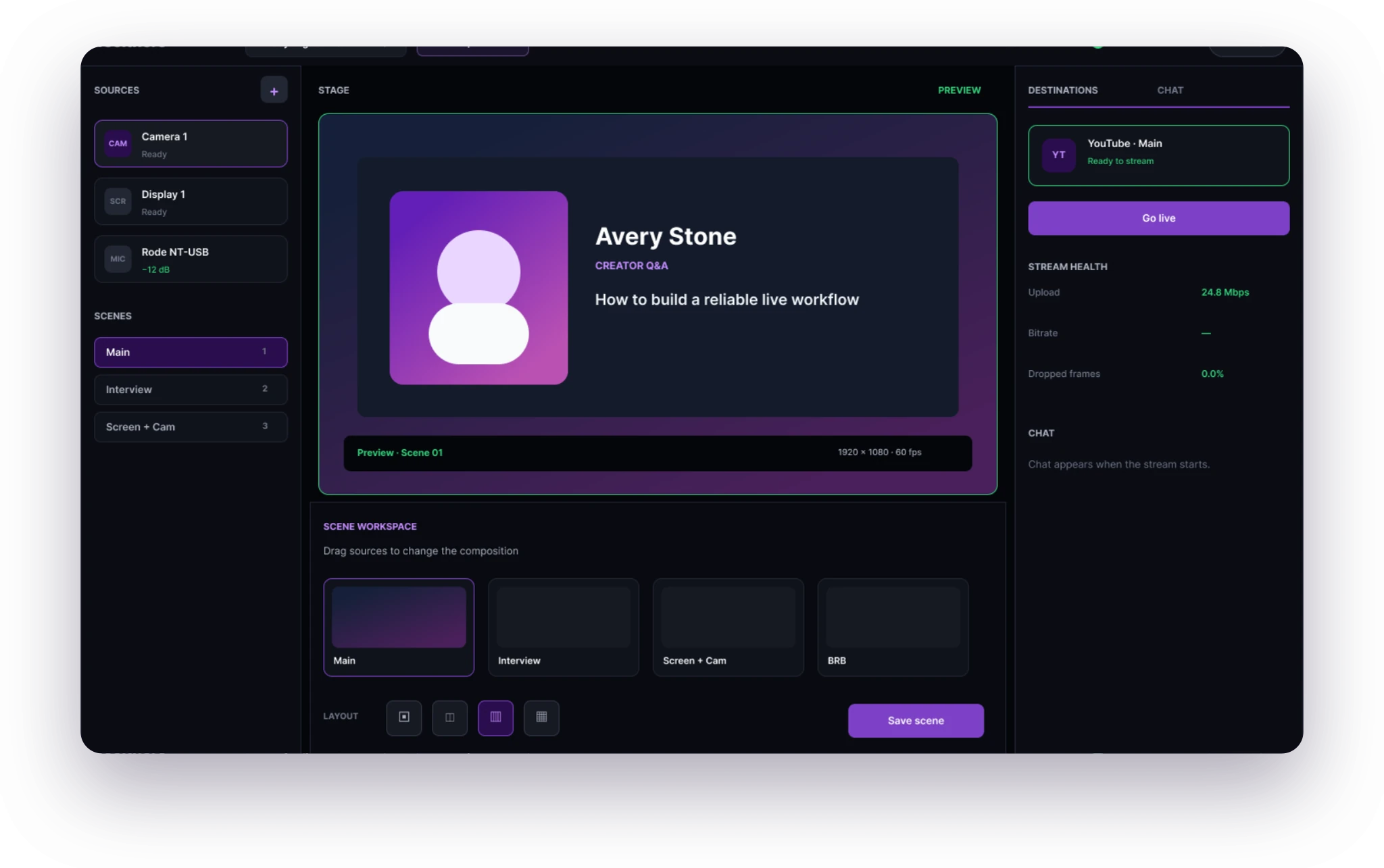 Desktop sources, scene workspace and live destination controls