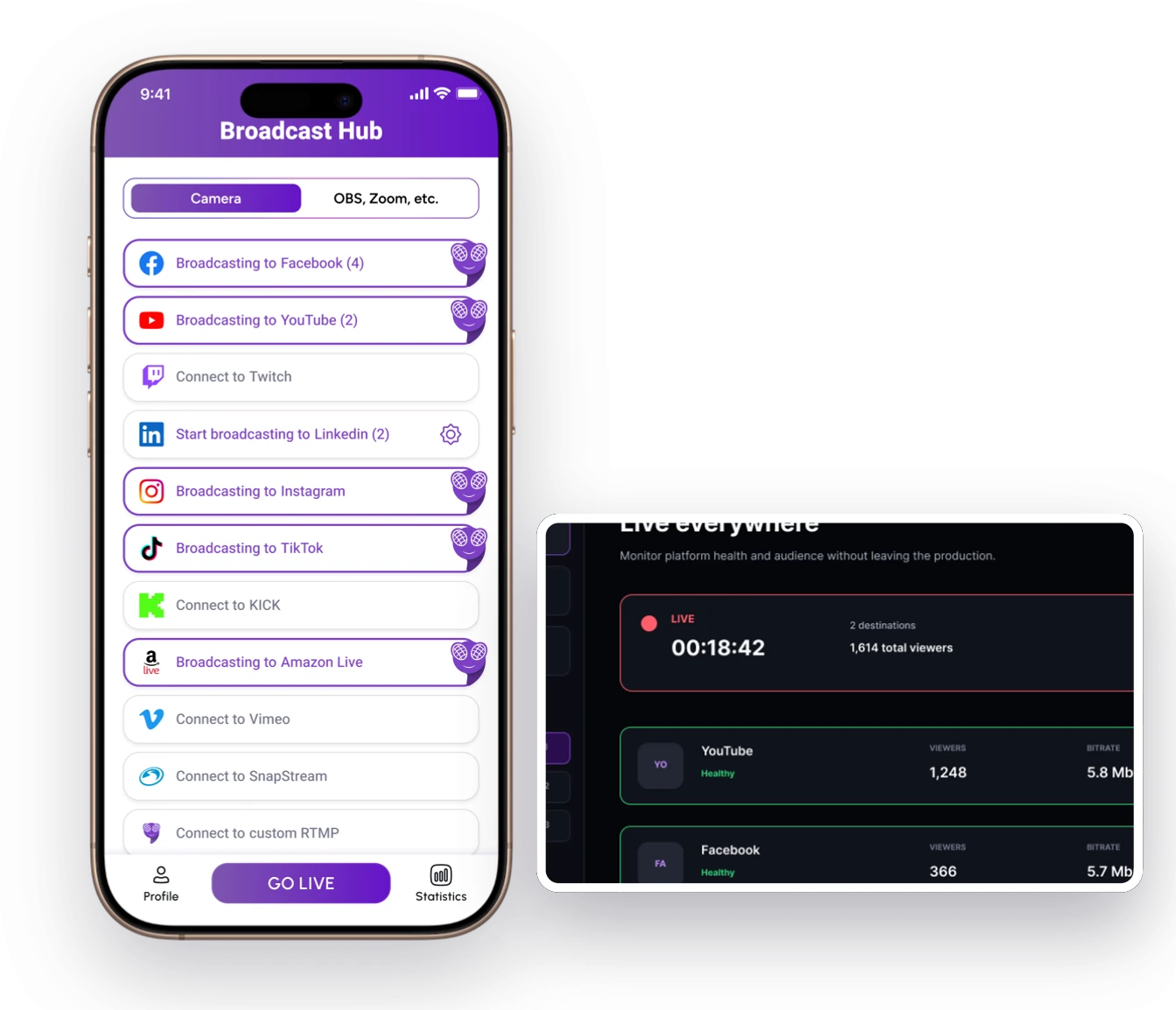 Original Mobile and Desktop controls for adding live destinations