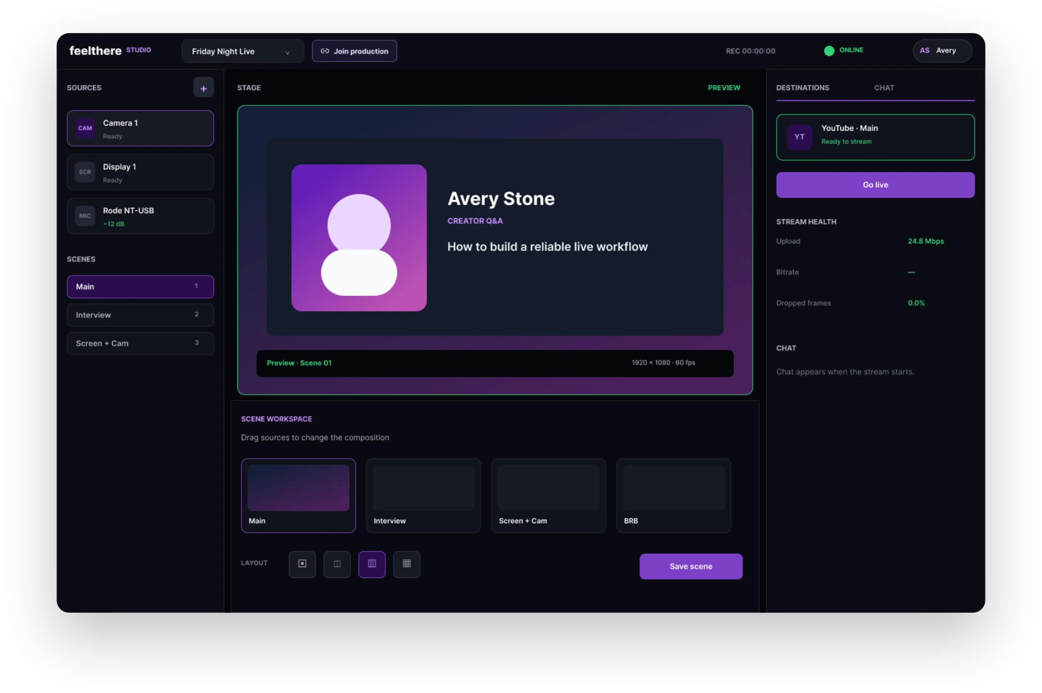 Desktop workspace combining screen sources with the live composition
