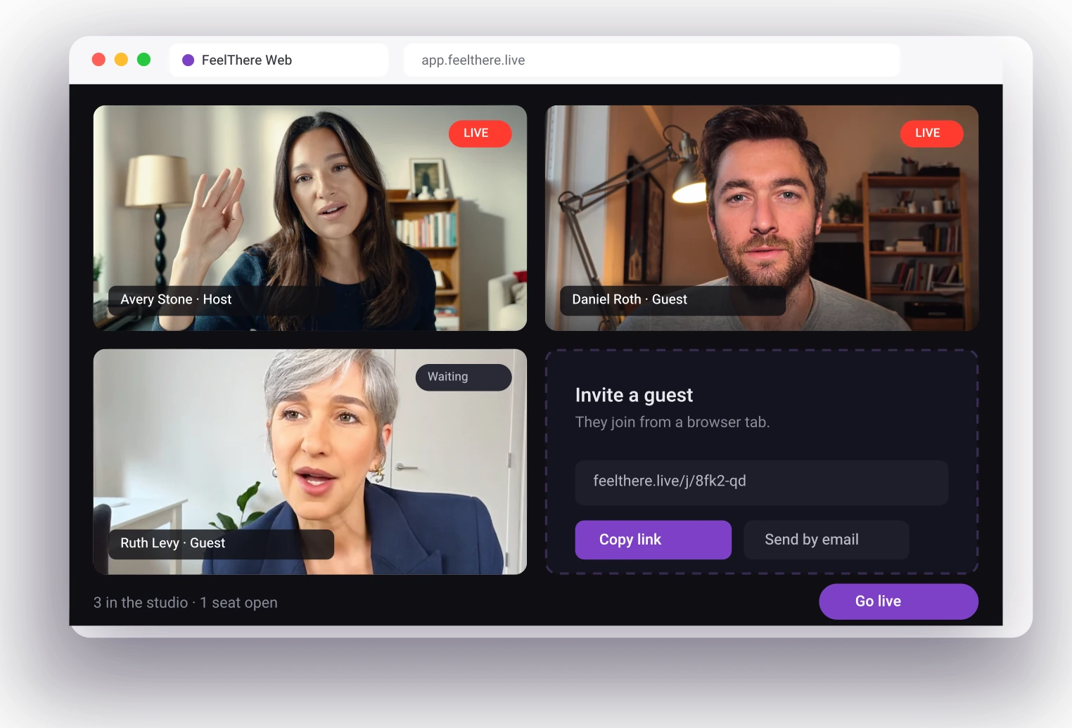 Studio guest-room concept with host, guests and invitation controls