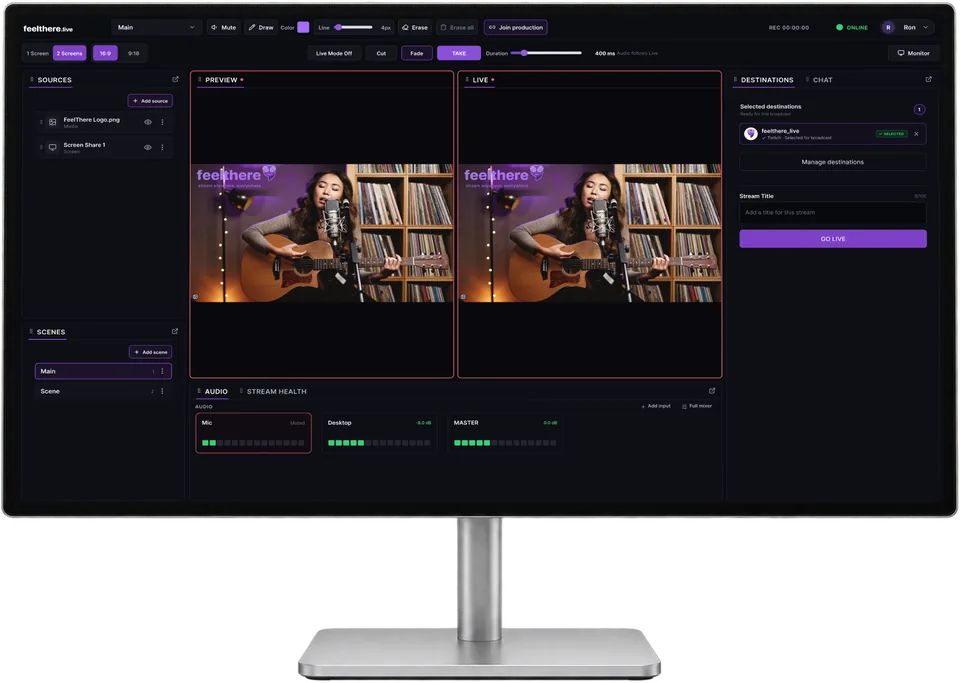 FeelThere Desktop Windows interface with scene workspaces, preview and audio controls