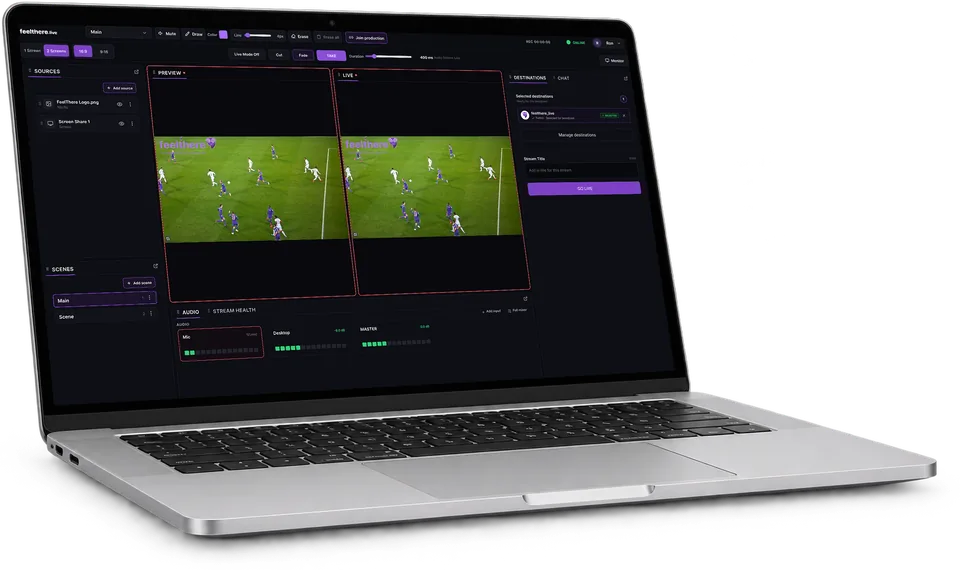 FeelThere Studio browser workspace with a live stage, sources and destination controls