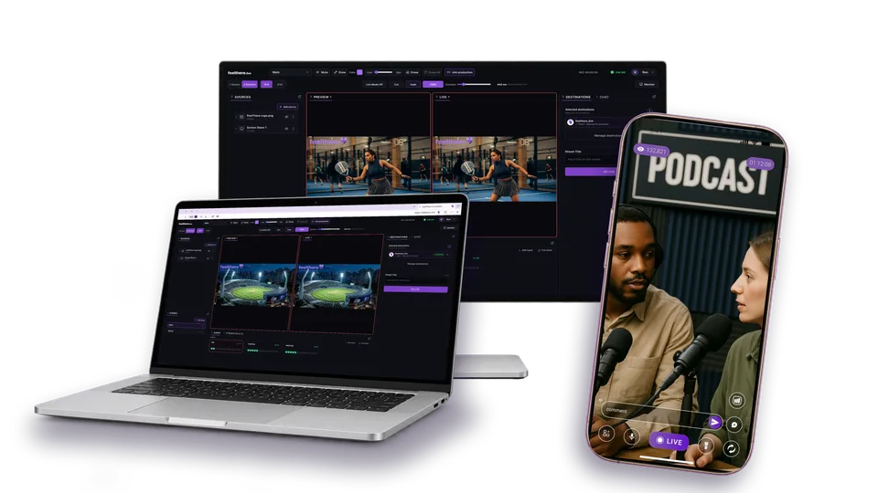 FeelThere Studio on a desktop monitor and a laptop beside a live mobile broadcast on a phone
