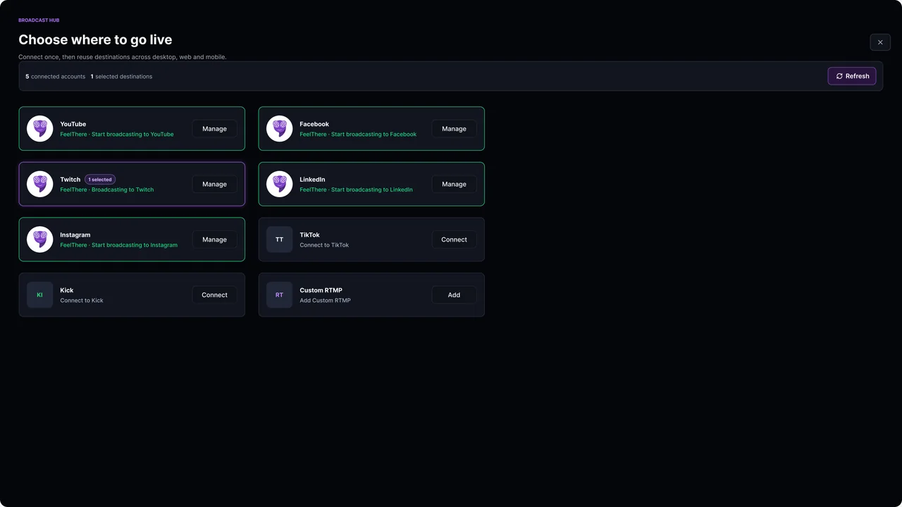 FeelThere Broadcast Hub for choosing where to go live, with connected and available destinations
