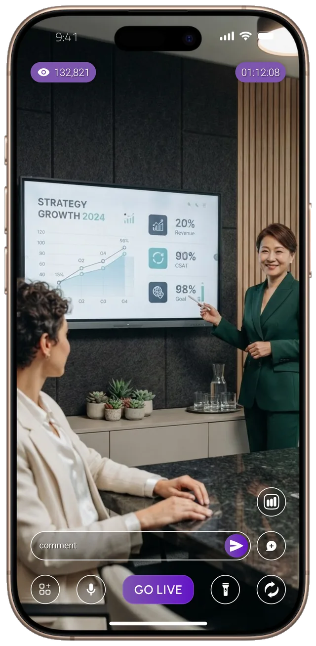 A results presentation in a meeting room, streamed live from a phone at the table