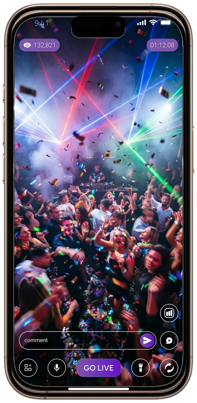 A packed crowd under lasers and confetti, streamed live from the floor on a phone
