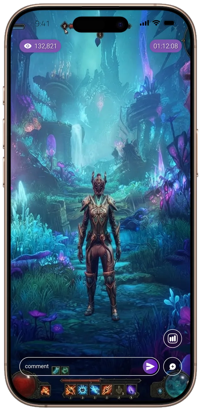 A fantasy game running full screen on a phone, with the ability bar and the live viewer count over it