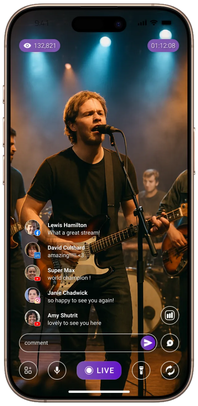 A band playing live under stage lights, streamed from a phone with audience comments arriving over the picture